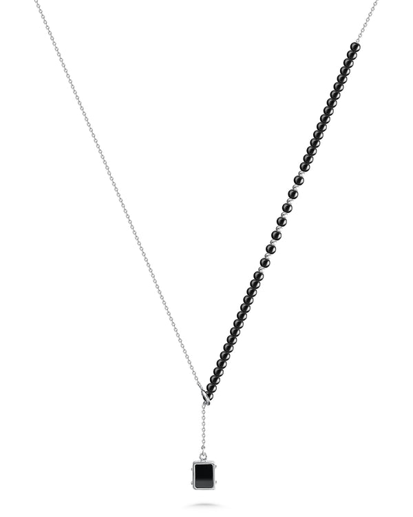 Sterling Silver 925K Necklace with Black Stones and Black Square Stone Pendant with Platinum-Plated