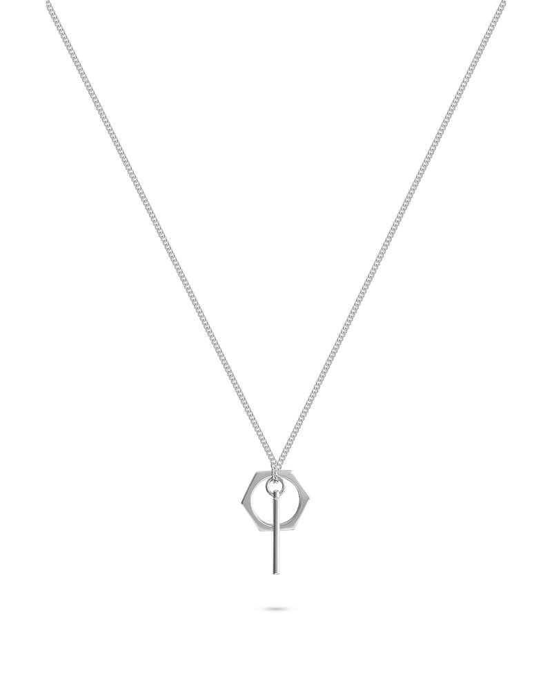 Sterling Silver 925K Necklace With Bar and Hexagon Pendant with Platinum-Plated